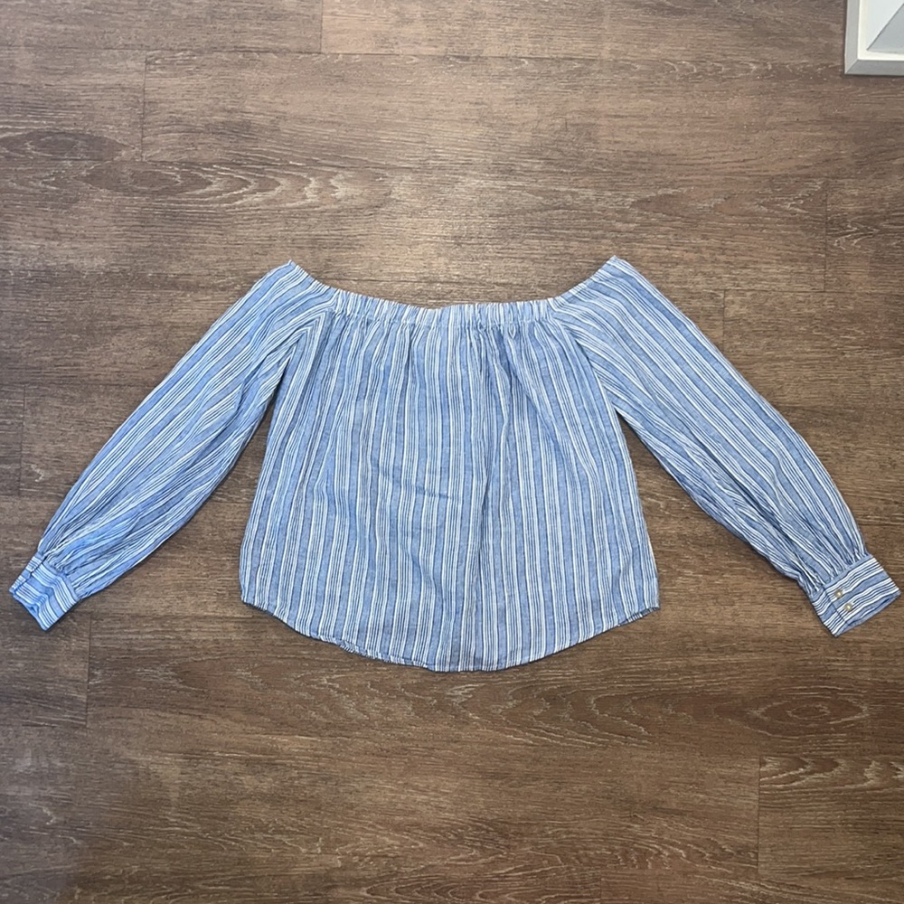 Free People Blue/White Striped Off-The-Shoulder Blouse Top - Picture 9 of 15